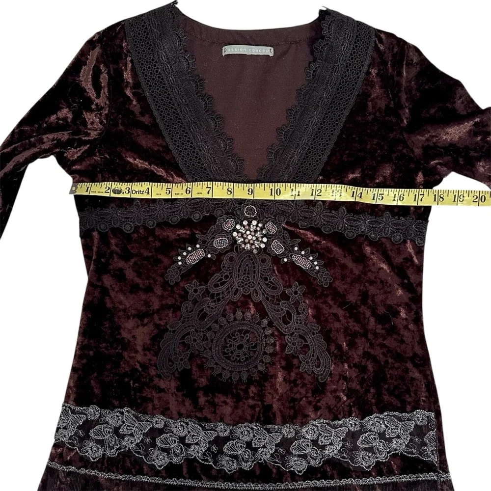 Brown Velvet Black Lace Embellished Beaded Fairycore Top Vintage Y2K - Picture 5 of 8